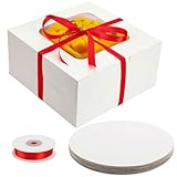 Moretoes 10 Sets Large Cake Boxes with Red Ribbons - 10pcs White Boxes & 10 Inches Round Cake Boards for Pastries, Chocolates, Cookies