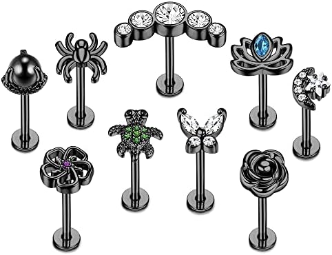 Sanfenly 9Pcs 16G Forward Helix Piercing Jewelry Stainless Steel Cartilage Tragus Conch Earring Stud for Women Men Internally Threaded Labret Medusa Lip Ring Nose Stud Set