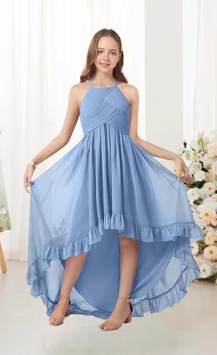 Chiffon Junior Bridesmaid Dress Halter Flower Girl Flowy Dresses with Ruffles Asymmetrical A Line Wedding Party Gown3
