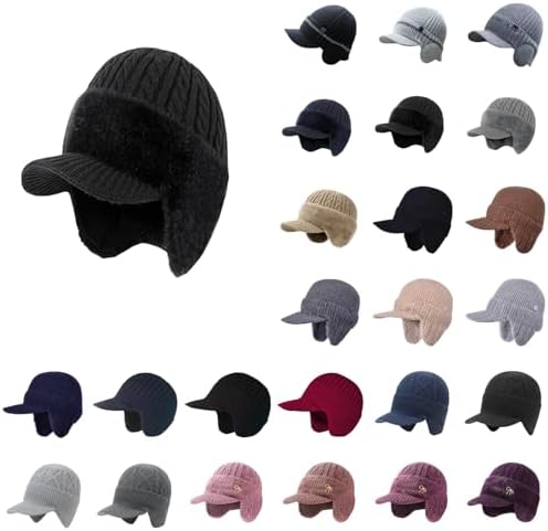 Mens Winter Knitted Beanie Hat with Ear Flaps Fleece Lined Fur Brim Windproof Hats Ribbed Textured Warm Skull Cap for Women