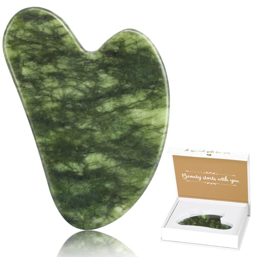 Alyvisun Gua Sha Facial de Jade Verde Natural, Piedra GuaSha para Cara, Cuello y Cuerpo, Alivio de Hinchazón y Mejora de la Línea de la Mandíbula, con Manual de Usuario, Regalo para Mujeres