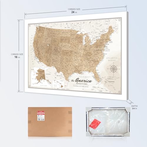 Image of IPIC - Vintage US Map for Travel, Pin Board Canvas Wall Art, Travel Map with Pins Included, Ready to Hang for Home or Office, 24x16 Inch