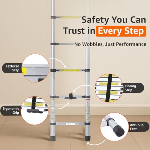 Image of Amazon Basics 2.6m (8.5 feet) Portable & Compact Aluminum Telescopic Ladder | 2-Year Warranty | EN131 Complied 9-Steps Foldable Multipurpose Step Ladder for Home & Outdoor use