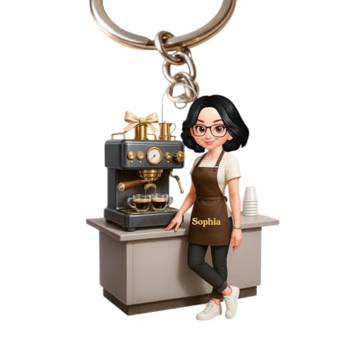 Espresso Machine Coffee Maker Diorama With Cups - Personalized Acrylic Keychain, Barista Key Ring, Coffee Shop Bag Tag, Cafe Lover Key Holder, Cute Drink Theme Purse Charm, Unique Barista Accessories