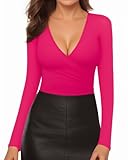 MANGOPOP Women's Cross Wrap Ruched Plunge Sexy Deep V Neck Slim Fit Long Sleeve T Shirt Tunic Tops Tee Pink