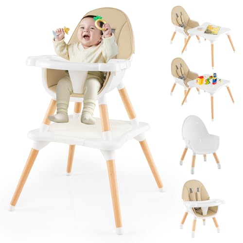 COSTWAY 6 en 1 Chaise Haute Bébé Evolutive, Table en Blocs Convertible, Harnais à 5 Points, Plateau Réglable Amovible, Chaise Haute Bebe en Bois, pour 6-36...