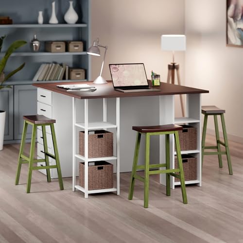 Image of Winsome Satori Saddle Seat 29in Bar Stool, Rustic Green and Walnut