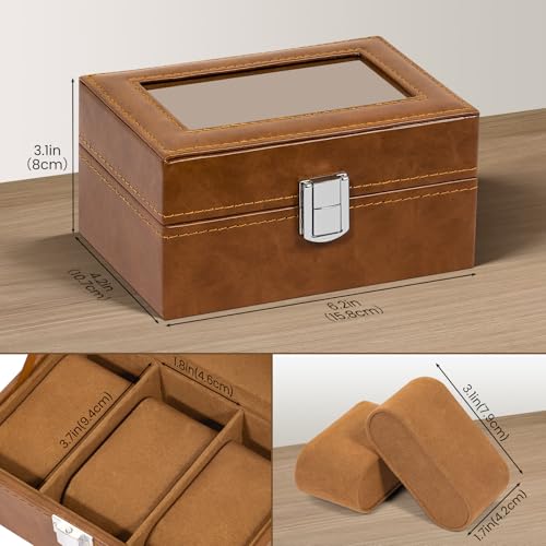Image of Uten 3-Slot Watch Box, PU Leather Watch Case with Glass Lid, Watch Holder Organizer with Soft Pillow and Velvet Lining, Watch and Jewelry Storage Box, Brown
