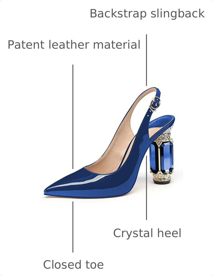 Image of JANSEVEN Women Chunky Heels Pumps Crystal Block Heels with Rhinestones Pointed Toe Sexy Gradient Patent Leather Slip on Bridal Party Wedding Dress Shoes 5-13 M US