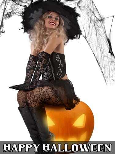 Image of Geyoga 2 Pcs Lace Fishnet Stockings Tights Floral Gloves Black Suspender Pantyhose Long Gloves for Women Halloween Cosplay