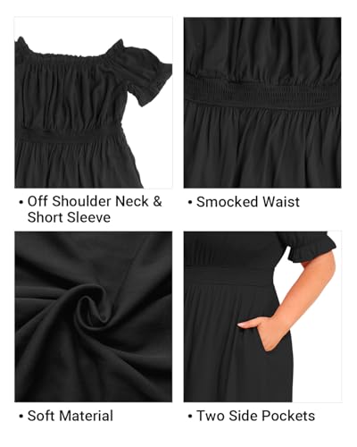 Image of Holipick Women's Off The Shoulder Boho Dress Plus Size Floral Smocked Waist Split Summer Maxi Sundress with Pockets