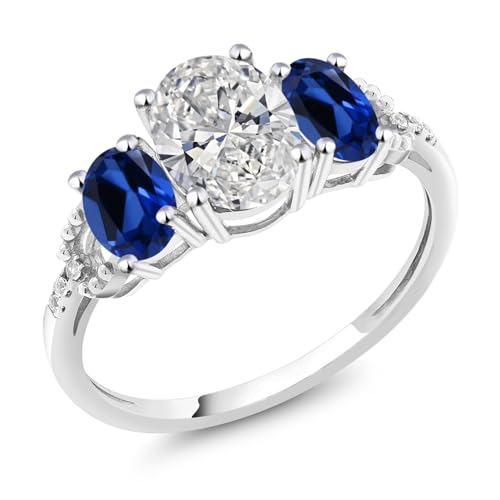 10K White Gold White IGI Certified Lab Grown Diamond and Blue Created Sapphire 3-Stone Engagement Ring For Women | 2.76 Cttw | Center 1.5 Ct Diamond | E-F Color VS1-VS2 Clarity | Available in Size 5