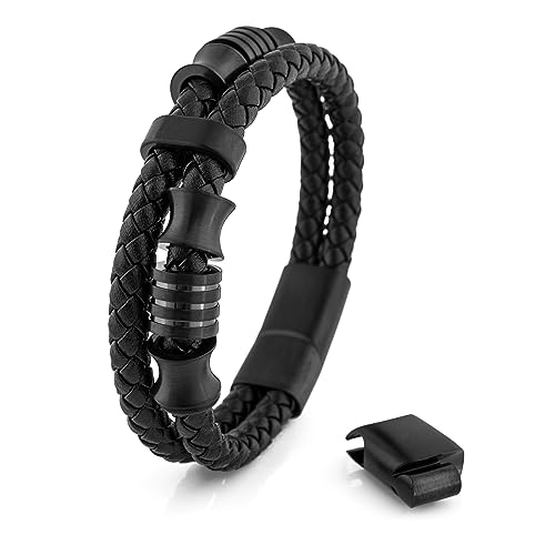 Akitsune Gracilitas Lederarmband | Armschmuck Damen Edelstahl Magnetisches Herrenarmband Mattschwarz 21cm