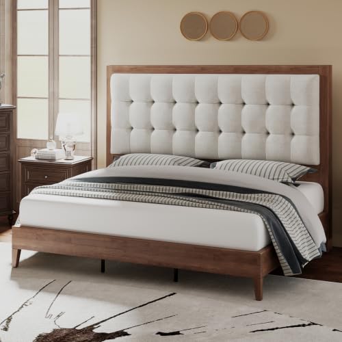 Image of Jocisland Queen Bed Frame Solid Wood,50 inch Tall Upholstered Headboard,Walnut