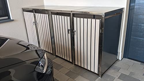 MY MÜLLTONNE DIY Edelstahl 4er Mülltonnenbox mit Klappdach, Holz Optik Cover