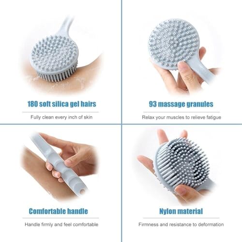 Image of Soft Silicone Back Scrubber Shower Bath Body Brush with Long Handle, BPA-Free, Hypoallergenic, Eco-Friendly (Multicolor)