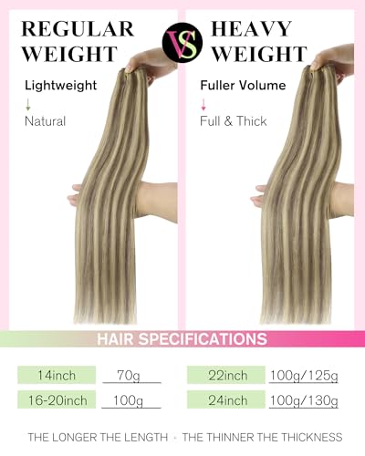 Image of YoungSee Human Hair Weft Extensions Highlight, 16 Inch 100g Straight Hair, Sew in Extensions Real Human Hair, Light Brown with Platinum Blonde Highlight, Double Weft Hair Extensions for All-day Wear