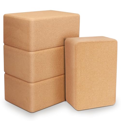 4 Pack Cork Yoga Blocks, 22 x 15 x 10 cm Natural Cork Blocks for Women Men, Lightweight Non-Slip Yoga Bricks for Yoga, Pilates, Stretching, Exercise
