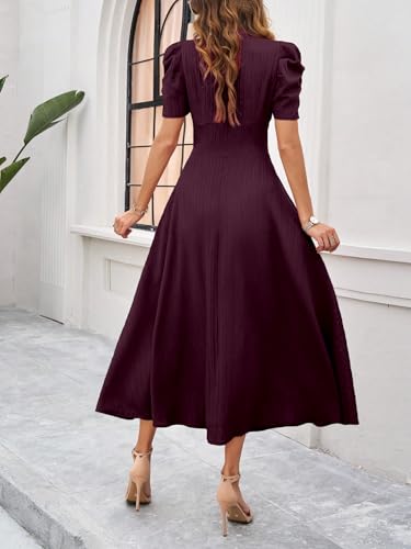 Image of Shasmi Girl's & Women's Solid Color V-Neck A-Line Maxi Dress for Women | New Year Party Outfit | Waist Cinched Puff Sleeve Western | Elegant Casual Wear (Dress 246)