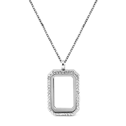 Paialco DIY Rectangle Glass Floating Living Memory Charms Locket Pendant Necklace, Silver Tone