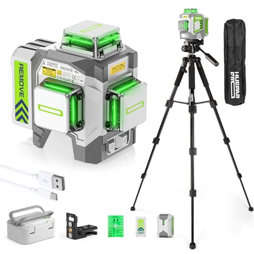 Huepar Pro Laser Level 360 Self Leveling with 50inch Tripod 3 x 360 High Brightness Green Laser Leveler Tool for Construction Tile and Picture Hanging Rechargeable Battery & Magnetic Bracket
