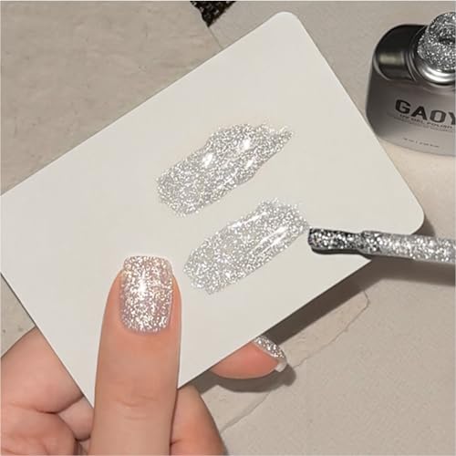 GAOY Silver Reflective Glitter Gel Nail Polish 16ml Jelly Translucent Sparkle Nail Polish UV Light Cure Gel for Manicure Art DIY 3900 Hoar Frost