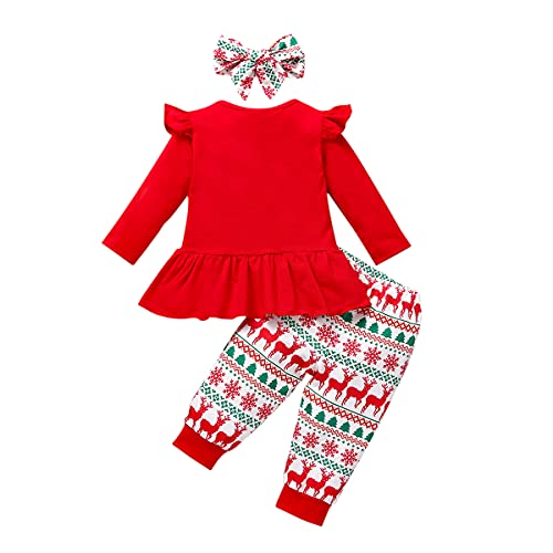 Pasgeboren baby meisje Mijn eerste kerst outfit lange mouwen shirt top + lange broek + hoofdband 3-delig kledingset herfst winter warme kleding 1e kerstfeest geschenken, rood-hert., 3-6 Maanden - Afbeelding 3
