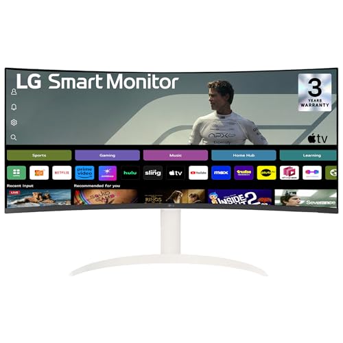LG 34SR65QC 86.42cm (34 Inch) Smart Curved (1800R) WQHD (3440x1440) Monitor, HDR10, sRGB 99%(Typ.), HDMI X 2, Built-in Speaker, Height/Tilt Adjustment, webOS, AirPlay2, Wi-Fi, Bluetooth, USB (White) view 1