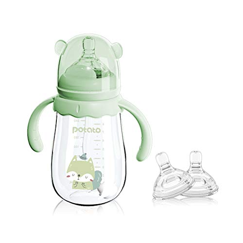 Image of POTATO Glass Baby Bottles, Anti-Colic Breastfeeding Bottles with Fast Flow Nipple, Suitable for Babies 6-12 Months, 2 Replaceable Nipples, 8 oz, Green