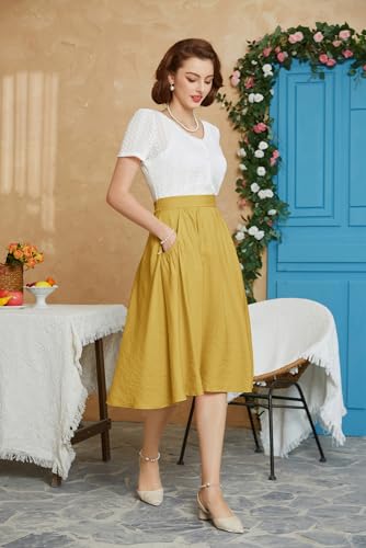 Belle Poque 50s Rockabilly Skirt for Women - Classic Solid Color Back to School Summer Beach Skirt - Yellow BP0926-02 M - Image 3