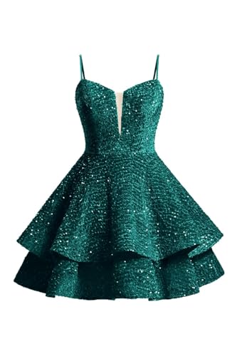 Sequin Homecoming Dresses Tiered for Teens Sparkly Short Prom Dress V Neck Cocktail Gowns