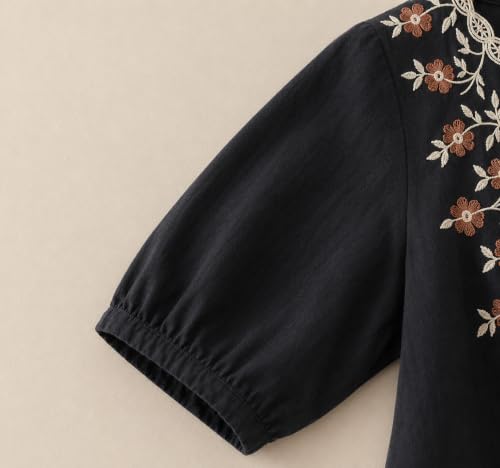 Image of RIEKA Womens Embroidered Korean Style Tunic Top, Floral Thread Work | V Neck | Puff Sleeves | Relaxed Fit Casual | Fusion Rayon Top for Every Day Styling