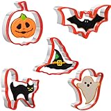 Photo Gallery set di 5 formine per biscotti di halloween, in acciaio inox con bordo protettivo in pvc, a forma di zucca, pipistrello, fantasma, gatto e cappello da strega