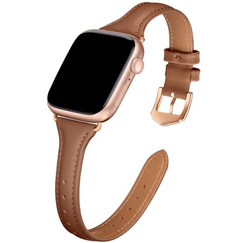 DaQin Slim Leather Band Compatible with Apple Watch Bands for Women 40mm 38mm 41mm,Top Grain Genuine Leather Strap Thin Replacement Wristband for Apple Watch Series 10 9 8 7 6 5 4 3 2 1 SE Ultra Brown