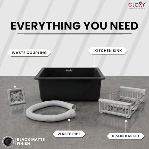 Image of Gloxy Premium Granite Quartz Kitchen Sink 16 inch x 18 inch x 9 inch - Black Matte Finish Quartz Sink with Coupling Pipe and Drain Basket - Single Bowl Sink Undermount /Topmount Installation - 3 Years Warranty