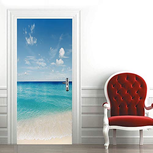 3D Etiqueta De Puerta Cielo Azul Playa Vista Al Mar Moderna 77X200Cm Diy Adhesivo Pegatina Vinilos Decorativos Para Puerta Pared Cocina Sala De Baño Mural Removible Autoadhesivo Impermeable