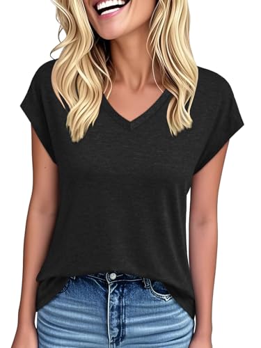 Womens Summer Tops Short Sleeve Shirts V Neck Basic Tees Cap Sleeve T Shirts Casual Trendy Spring Fashion Clothes 2025