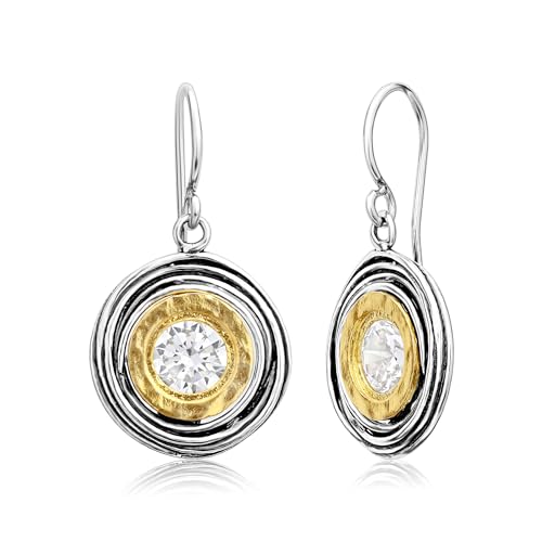 Jean Rachel Jewelry - Mixed Metal Two Tone Earrings for Women – CZ Wire Wrap Dangle Earrings – 925 Sterling Silver & 14K Gold Over Silver – Hypoallergenic Artistic Jewelry