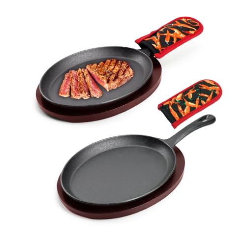 Comparison: Best Cast Iron Steak Plate 10 DVK Sizzling Plate with Wooden Base Fajita Skillet with Scald Protection Hot Mitt Cast Iron Plate for Home Barbeque Kitchen Service