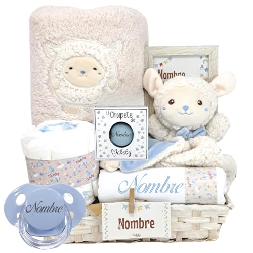 Mababyshop Cesta Bebé My Sheep   Set de Regalo Personalizado: Dou Dou Ovejita, Manta Suave, Muselina de Algodón Personalizada, Chupete con Nombre, Pastel de Pañales Ecológicos Talla 2 (Azul)