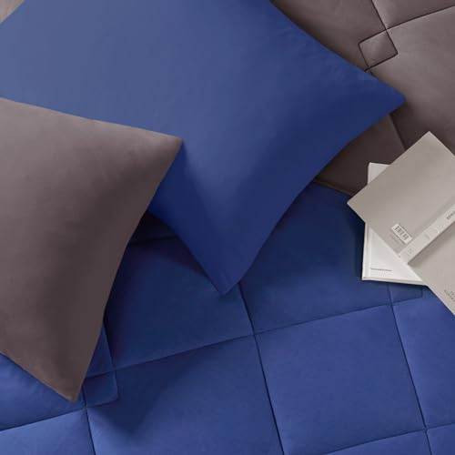 Image of Comfort Spaces a‚¬a€oe Vixie Reversible Goose Down Alternative Comforter Mini Set - 2 Piece a‚¬a€oe Navy and Charcoal a‚¬a€oe Stitched Geometrical Diamond Pattern a‚¬a€oe Twin /Twin XL Size, Includ