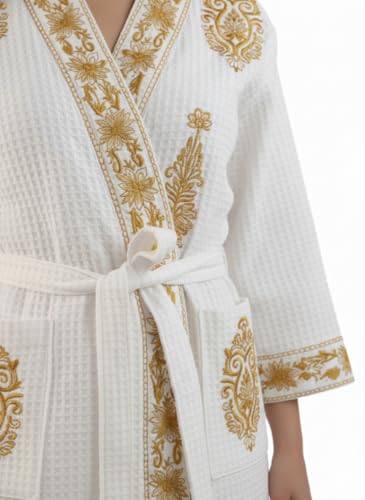 Image of Hand Block Print Cotton Waffle Fabric Short Bathrobe For Women's Ultra-Soft & Lightweight After Bath Spa Bathrobe Dress Women Bath Robe Dress | Highly Absorbent Mustard Yellow Printed