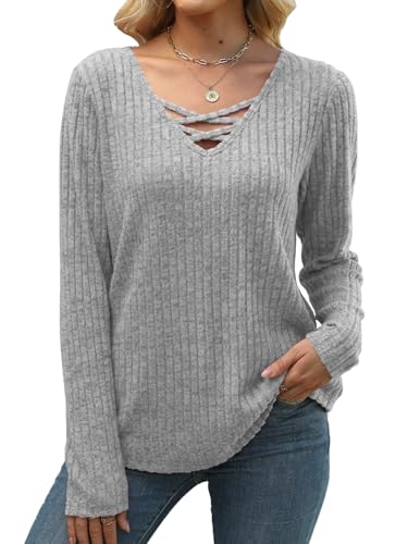 Womens Sweaters Long Sleeve Shirts V Neck Sweatshirts Loose Casual Tunic Tops Criss Cross2