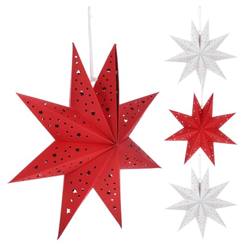 SOIMISS Farol de Papel Plegable Estrella de Nueve Puntas 35X13 CM 4 Unidades 2 Rojos 2 Blancos Pantalla Colgante para Decoración Navideña Fiestas Bodas y Hogar