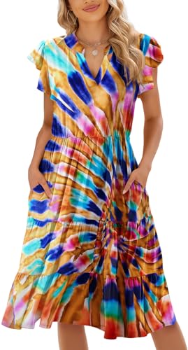 Image of Womens Summer Dress Ruffle Sleeve V Neck Midi Dresses Casual Fit Flowy Tiered Boho Beach Vacation Sundress