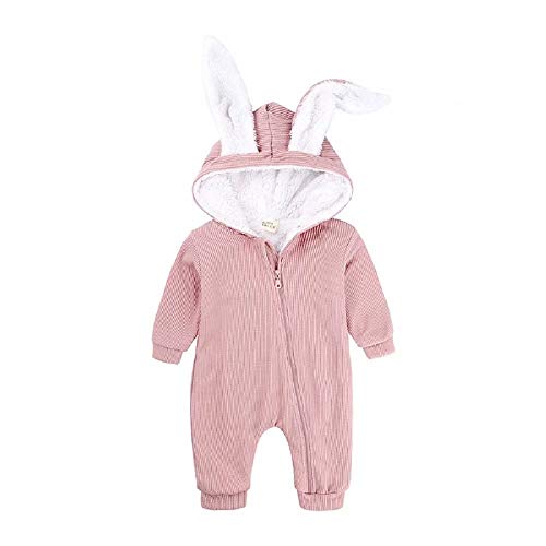 Hooyi Mameluco de felpa con orejas de conejo para bebé recién nacido, de forro polar coral, para niños y niñas, traje de punto, rosa, 59(0-3 Month)