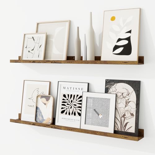 RICHFOCUS Picture Ledge Shelf 36 inch Floating Shelves Set of 2 Wood Wall Shelves with Lip Wall Decor Storage for Bedroom Living Room Bathroom Kitchen Nursery Photo Picture Rustic Brown