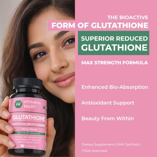 Image of L Glutathione Supplement with Vitamin C, Alpha Lipoic Acid, Biotin, Vitamin E & Grape Seed Extract | Glutathione for Antioxidant Support, Skin Wellness & Beauty Nutrition | 15 Capsules by VitaminHaat