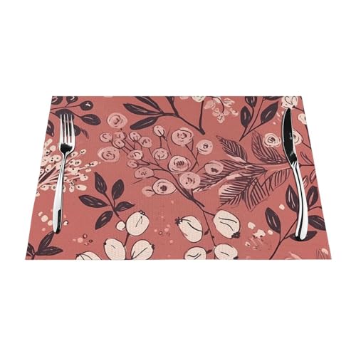 Lot de 4 sets de table tissés anti-chaleur motif fleurs baies