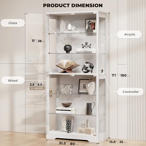 Image of BROTTAR 6-Tier 71 inch Display Cabinet with Glass Door, Curio Cabinet with 3 Color Lights for Collectibles, Display Case with Adjustable Glass Shelves, Human Body Sensor, Storage Cabinets, White